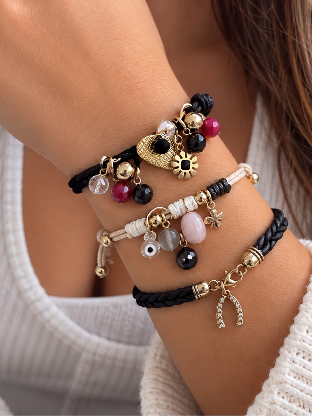 Gold Charm Multicolor Beaded & Braided Bracelet Set - Women Jewelry